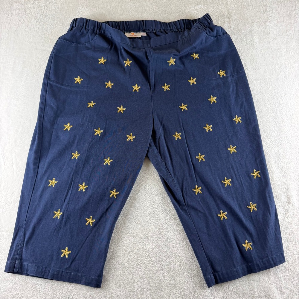 Quacker Factory Crop Pants Starfish Embroidered Navy Blue Womens 2X Capri Summer